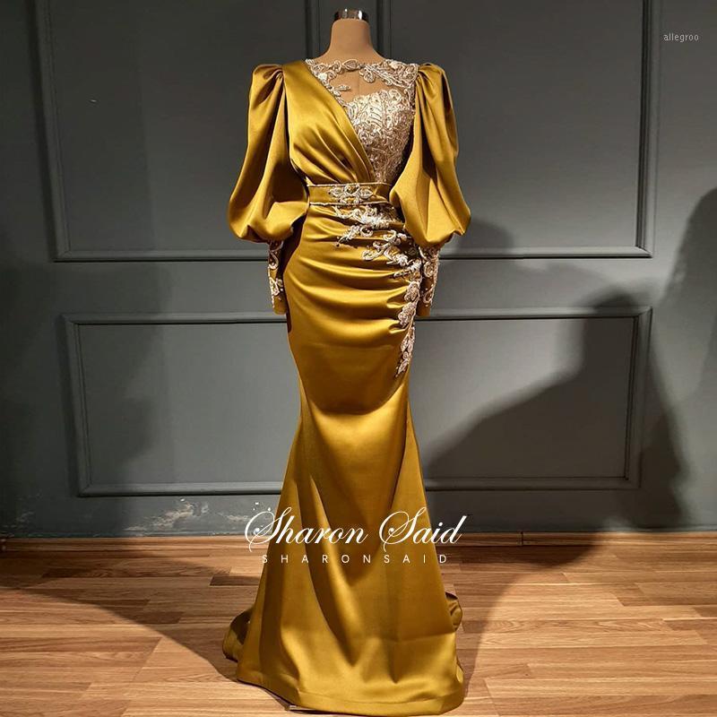 Robes de soirée élégantes or Satin sirène à manches longues robe de soirée dubaï appliques musulmanes arabe formel pour les femmes invité de mari