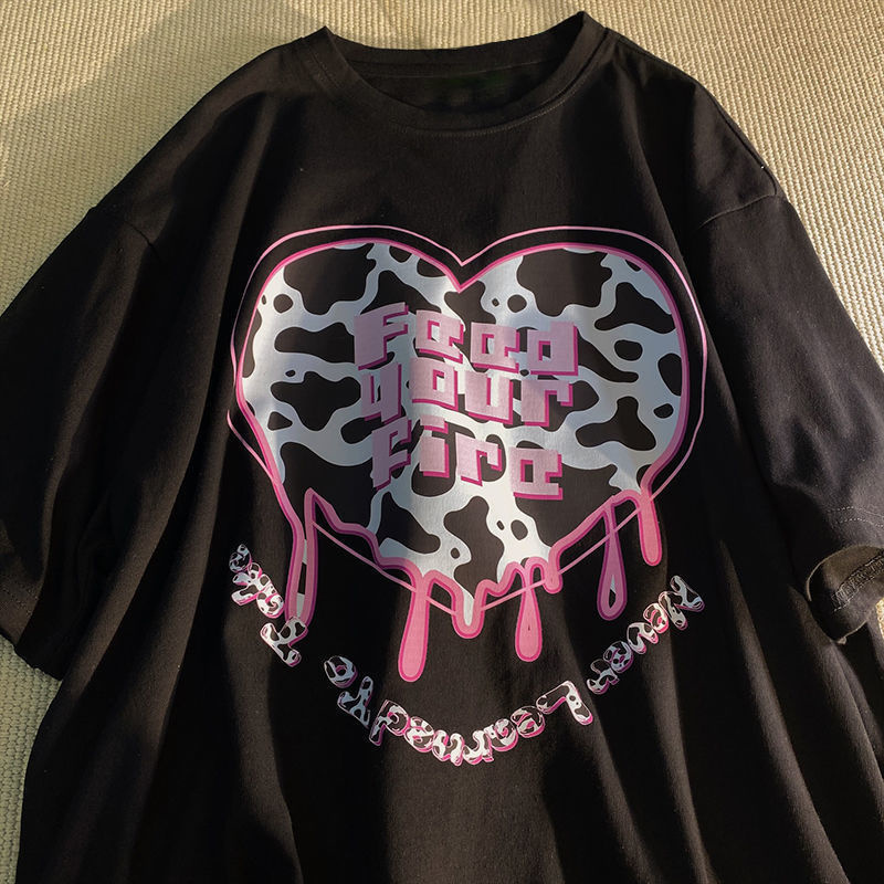 

Cool Sweet Wind Oversized Loose ShortSleeved TShirt Female Summer Cartoon Print HeartShaped Pattern HalfSleeved Top 220615, Black