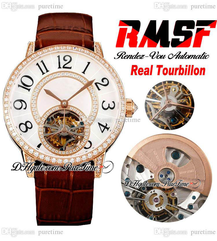 

RMSF Rendez Vous Real Tourbillon Automatic Ladies Watch Rose Gold Diamonds Bezel White Dial Big Number Brown Leather Strap Womens Watches Super Edition Puretime