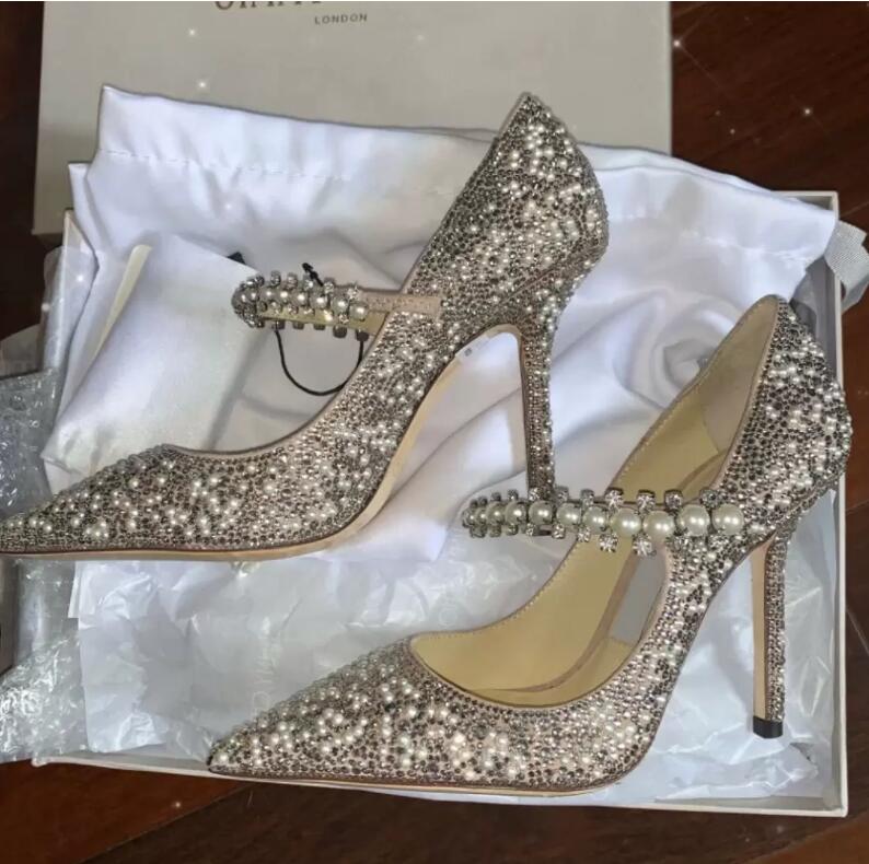 Image réelle – Robe de mariée parfaite, sandales de mariée, chaussures Baily Mary Jane, escarpins avec sangle en perles de cristal, talons hauts