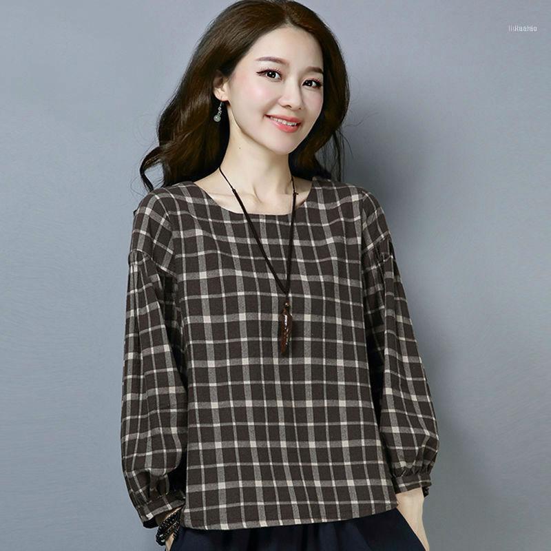 

Plus Size Women Spring Summer Style Blouses Shirts Lady Casual O-Neck Plaid Printed Loose Blusas Tops DF3063 Women's, Black