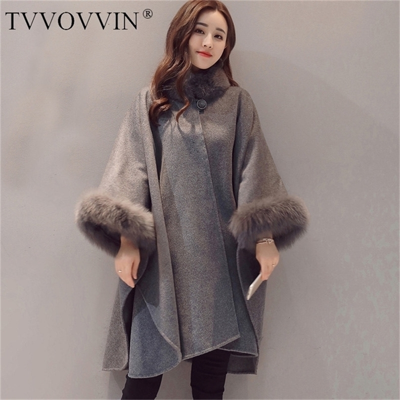 

Winter Fur Neck Coat Women Plus Size Long Cloak Casual Loose Ladies Jacket Warm Cape Coats Abrigos Mujer F929 201214, Black