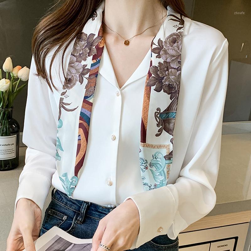 

Women' Blouses & Shirts Spring Women White Chiffon Blouse Shirt Long Sleeve V-Neck Blusas Mujer De Moda 2022 Tops F223, As picture
