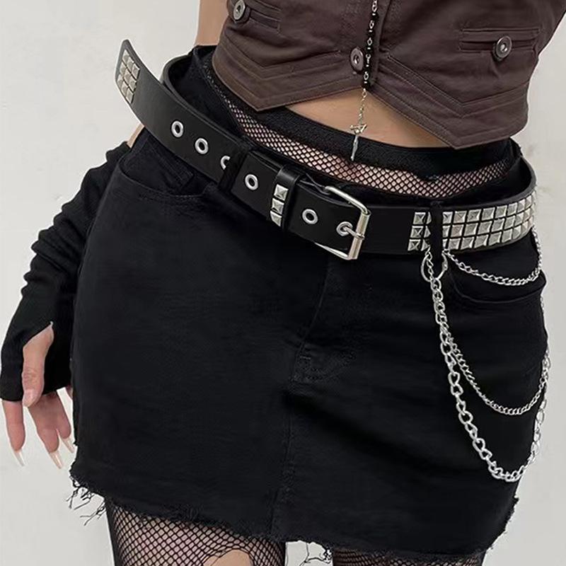 

Belts Punk Harajuku Fashionable Personality Trend Rivet Hanging Chain Unisex Belt Gothic PU Leather Jeans Accessories WaistbandBelts, Black