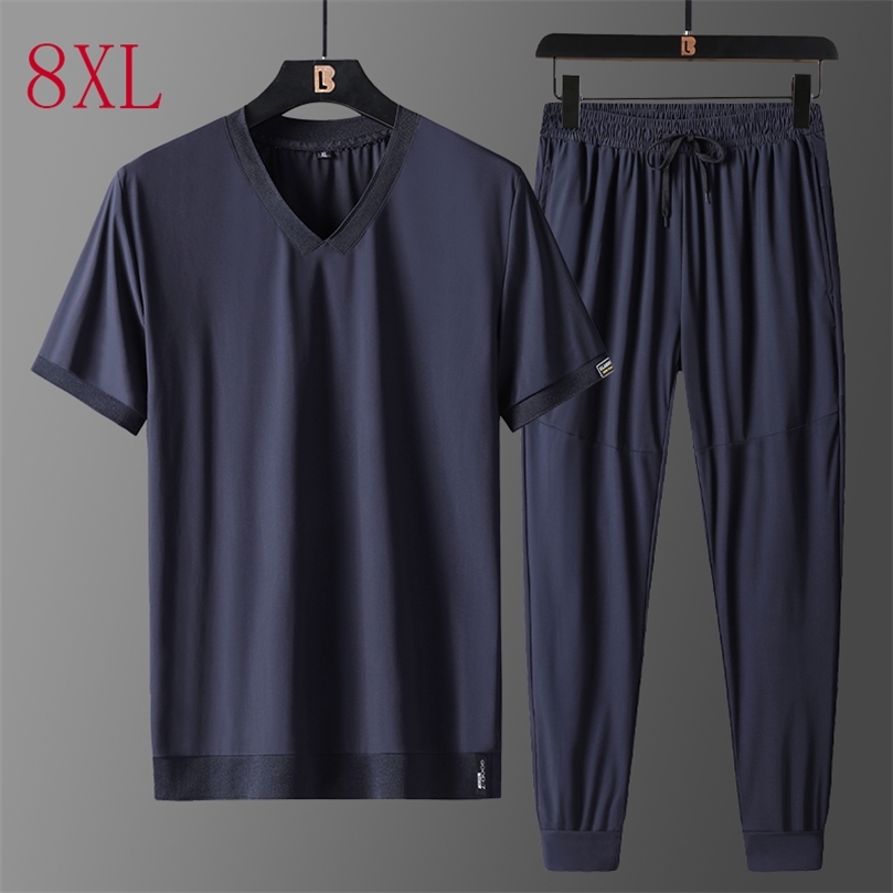 Summer Men Clothing Plus Size 8XL 7XL 6XL XXXXXL Mens T Shirt Shorts Sports Suit Solid Large Two piece Clothes 220621