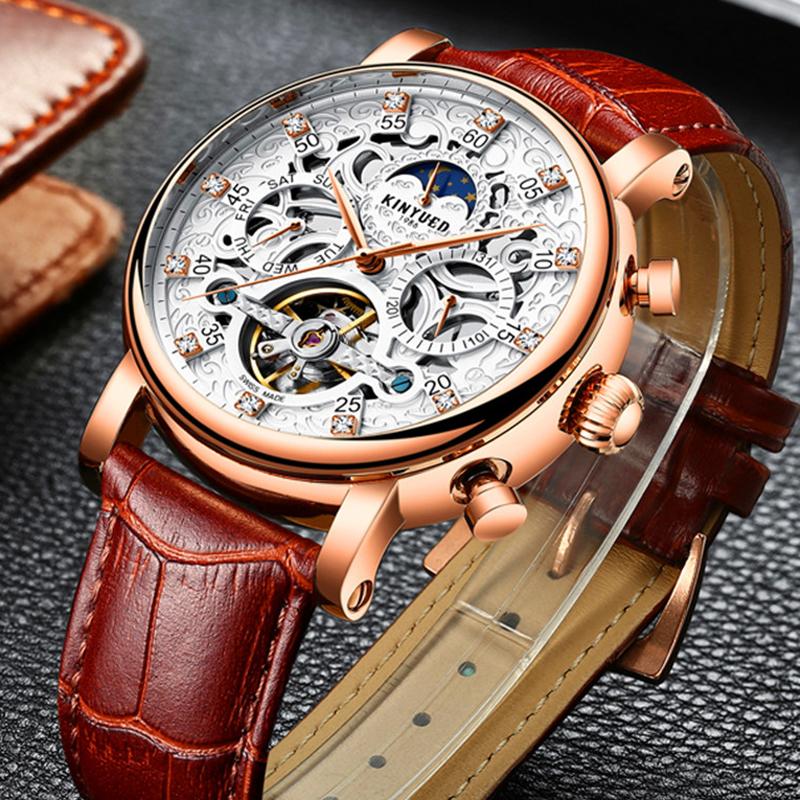

Wristwatches Watch Men Automatic Mechanical Tourbillon Luxury Business Leather Diamond Dial Sport Mens Watches Relogio Masculino J026Wristwa, Rose gold white