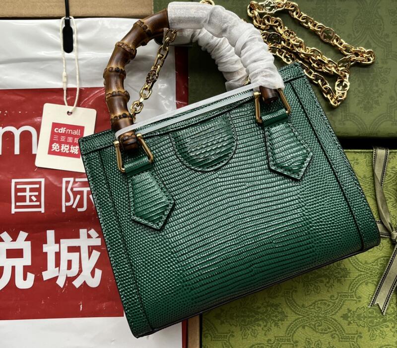

Realfine Bags 5A 675800 20cm Diana Small Tote Dark Green Lizard Handbag Shoulder Purses For Women with Dust bag, Caviar quilted_06