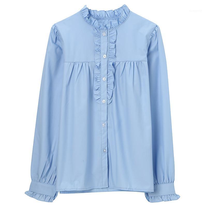 

Women' Blouses & Shirts LUKAXSIKAX 2022 Spring Autumn Women Long Sleeve Shirt Korean Fashion Ruffles Loose Blue Casual Tops