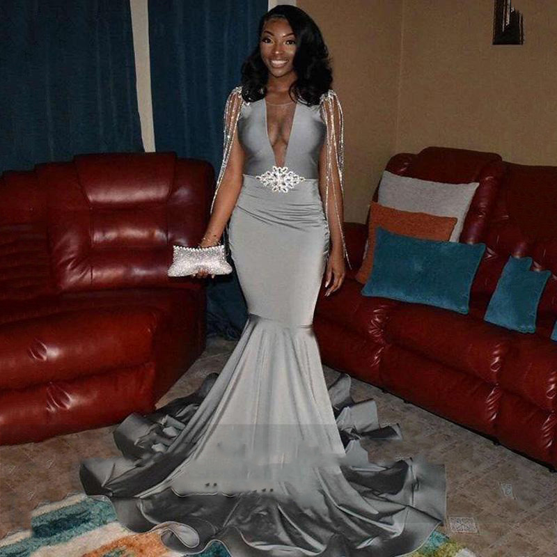 

Formal Mermaid Prom Dresses Long Illusion Neck Satin Women Evening Gowns Plus Size Beading Vestidos De Gala, Light yellow