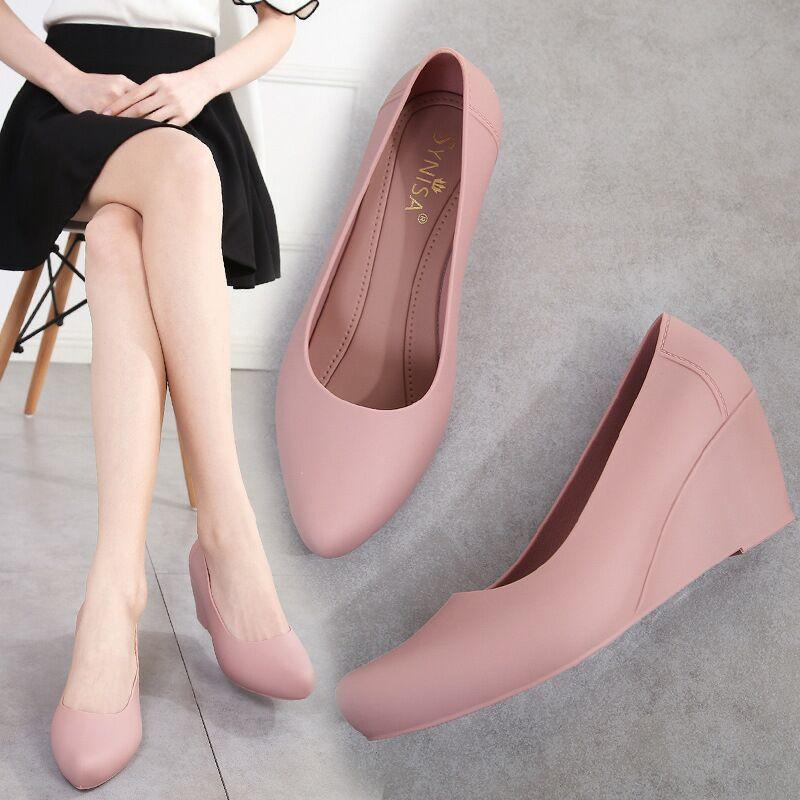 

Dress Shoes Spring Summer Wedges Heel Jelly 6.5 CM High Women Pumps Rain Pointed Toe Slip On SandalsDress, Black