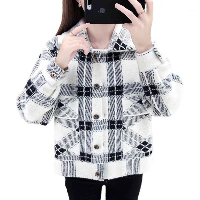 

Women' Wool & Blends Women Woolen Jacket 2022 Female Imitation Mink Velvet Coat Ladies Short Black White Grid Coats Fall Winter Knit Cardig