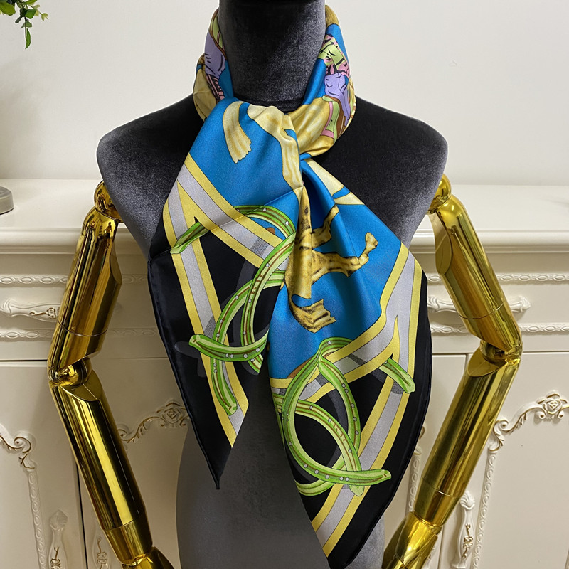 

Women's square scarf scarves good quality 100% twill silk material blue print letter horse pattern size 90cm- 90cm