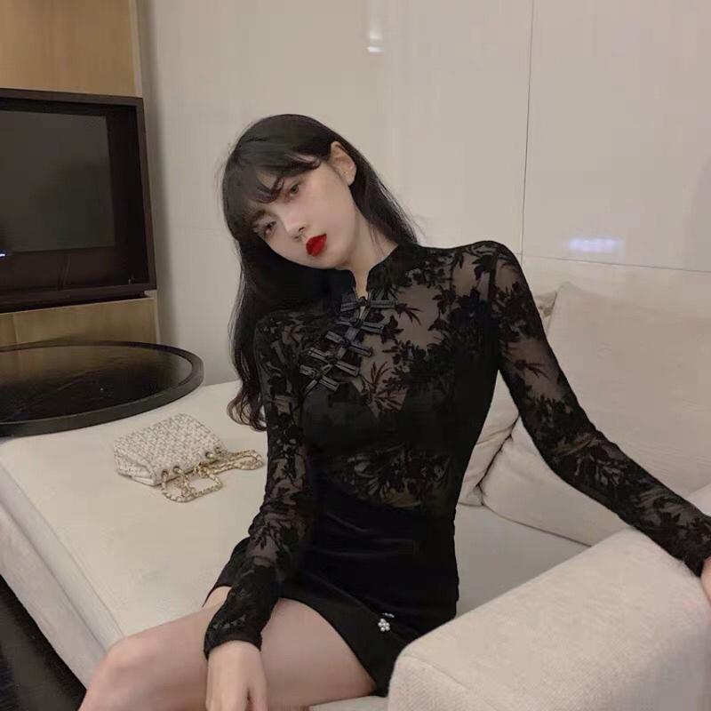 

Ethnic Clothing Chinese Style Traditional Dress Qipao Fashion Black Lace See-through Top Cheongsam Gothic Sexy Slim Women Blouse Hanfu