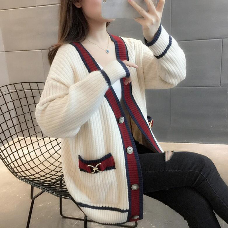 

4Colors Women Pure Color Cardigan Designer Shirt Sweaters Autumn Winter Print Stitching Knitted Small Sweet Wind Coat Cardigans Fashion Medi, Beige