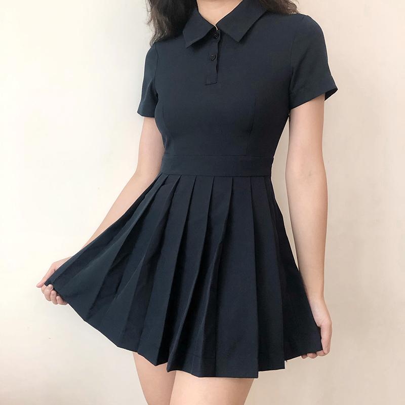 

Party Dresses Vintage Short Sleeved Navy Dress 2022 Summer Pleated Slim High Waist Fashion Folds Casual For Women, Navy blue