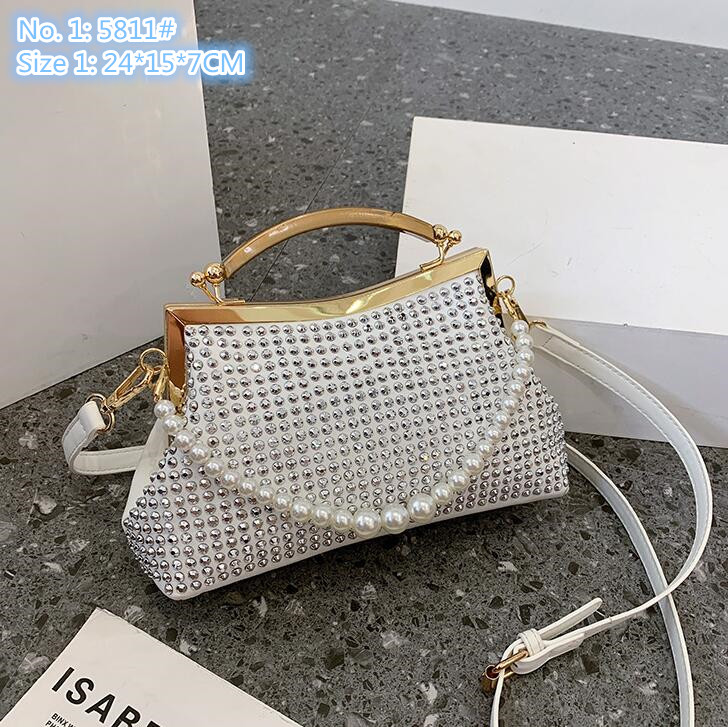 

Wholesale factory ladies shoulder bags 2 styles elegant diamond dinner bag sweet pearl chain handbag personality alloy edging fashion mobile phone coin purse, Black2-053#