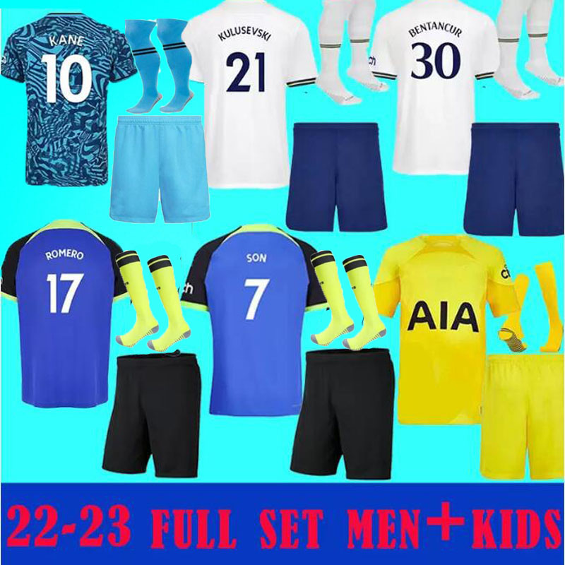 

men kids 2022 2023 KANE SON BERGWIJN Soccer Jersey kit 22 2023 LUCAS ROMERO REGUILON BRYAN KULUSEVSKI BENTANCUR RICHARLISON Football shirt adult child full set socks, 22/23 away full sets