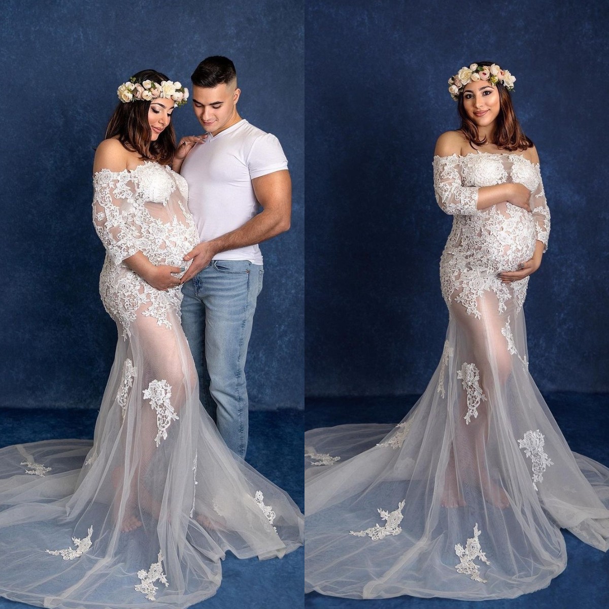 

Bridal White Prom Dresses Lace Applique Mermaid Maternity Dress See Thru Evening Gowns Long Sleeve Photoshooting Robes, Champagne