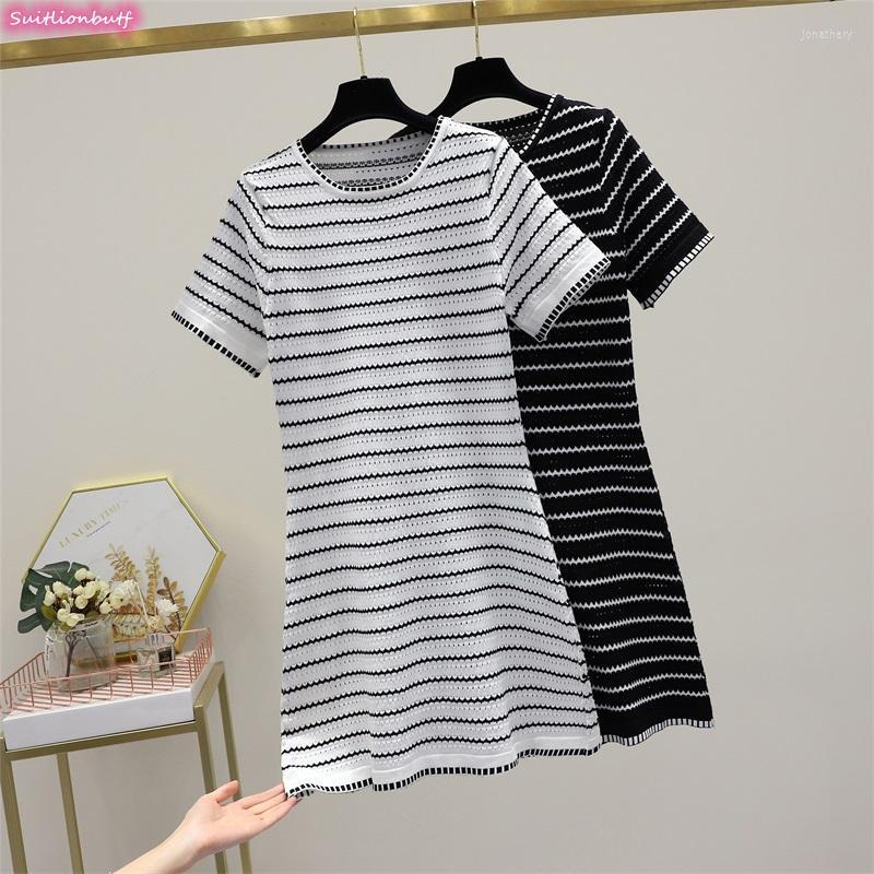 

Plus Size Dresses 4XL Hepburn Stripe Oversized Dress Hollow Out O-Neck Short Sleeve 2022 Summer Korean Slim Casual Women Clothes Jona22, Black