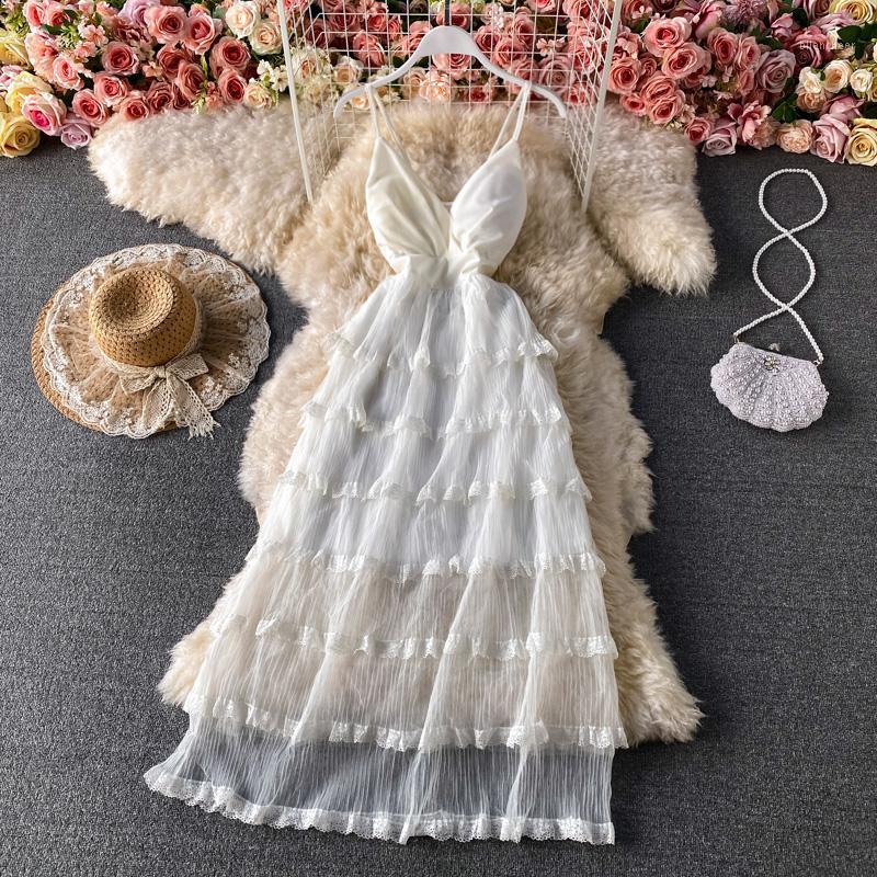 

Casual Dresses Summer Gentle V-neck Strap Long Dress Women Chic Fairy Sweet Mesh Stitching Cake, Black