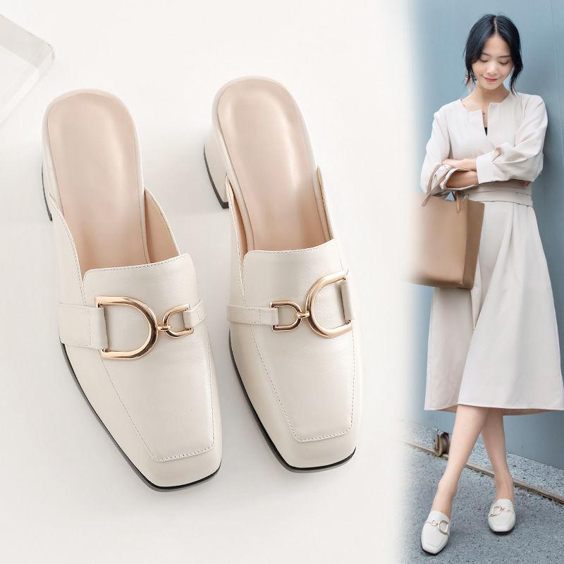 

Sandals Women Baotou Half Slippers Ladies Square Toe Thick Heel Muller For Outer Wear Zapatos MujerSandals, Black