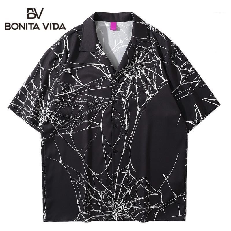 

Bonita Vida Hawaiian Shirts Graffiti Cobweb Short Sleeve Beach Shirt Streetwear Hip Hop Summer Tropical Aloha Button Tops Men's Casual, Black
