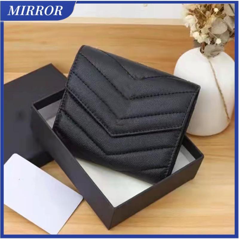 

MIRROR High Quality Bags Zipper Designers Short Wallets Mens Womens FOLD IN GRAIN DE POUDRE EMBOSSED LEATHER Business Credit Card Holder Corn Purse, Black