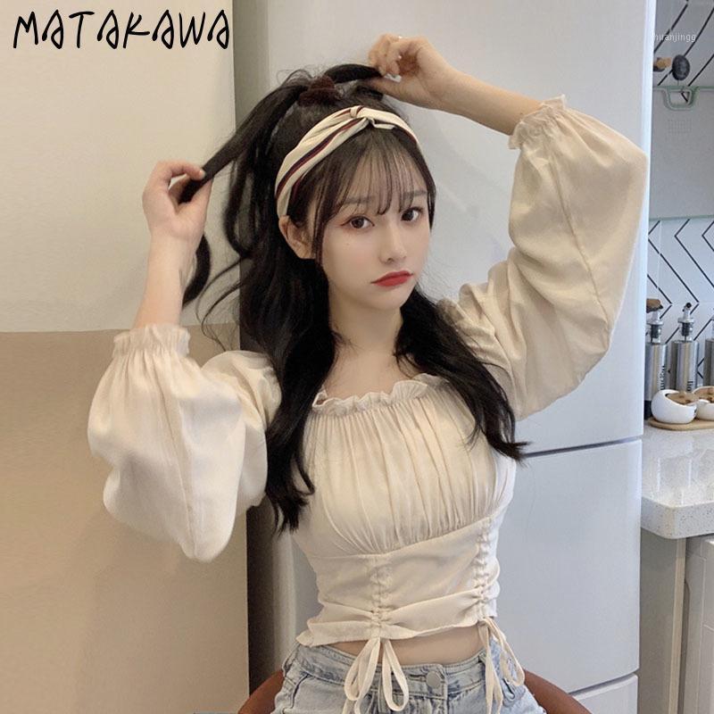 

Women's Blouses & Shirts MATAKAWA 2022 Lace-up High-waist Women Cropped Short Blusas Slim Waist Long Puff Sleeve Shirt, White