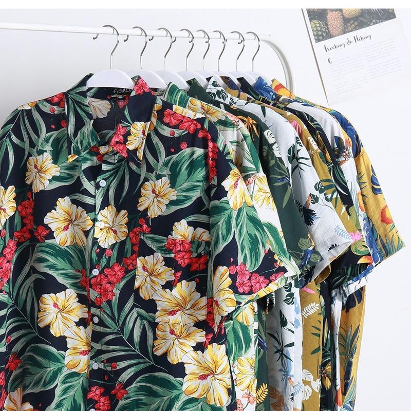 

Summer Men Hawaii Beach Shirt Quick-dry Mens Shirts Short Sleeve Floral Loose 20-colors Korean Printed Camisas Men's Casual, Ivory