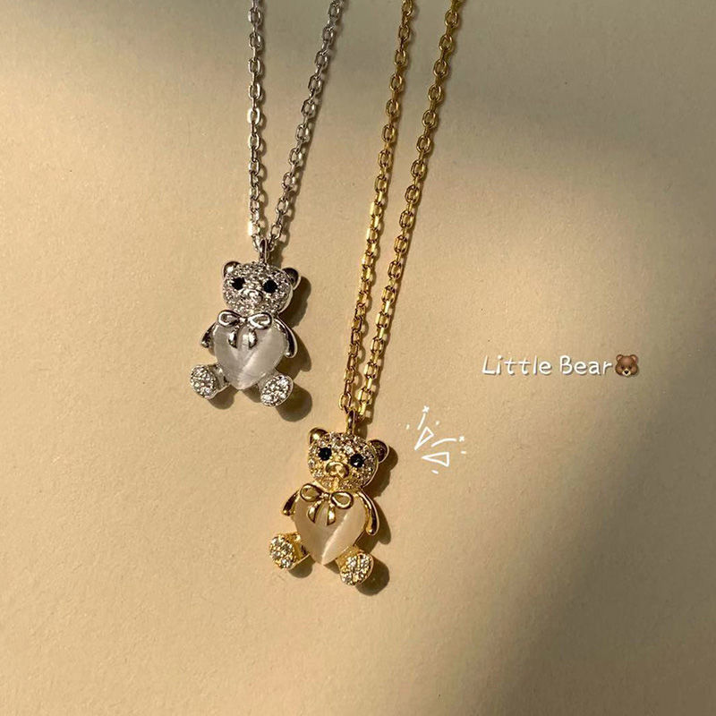 

Fashion Small Cute Bear in Full Zircons & Cat Eye Heart Pendant Necklace For Women