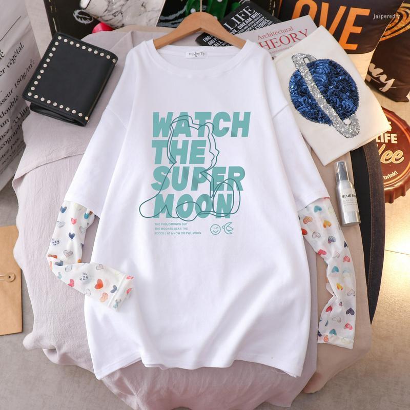 

Women's Plus Size T-Shirt Fake Two-piece T-shirts Cotton Long-sleeved Top Letter Print Loose Half-sleeved Chic T Shirt FemaleWom Jasp22, White