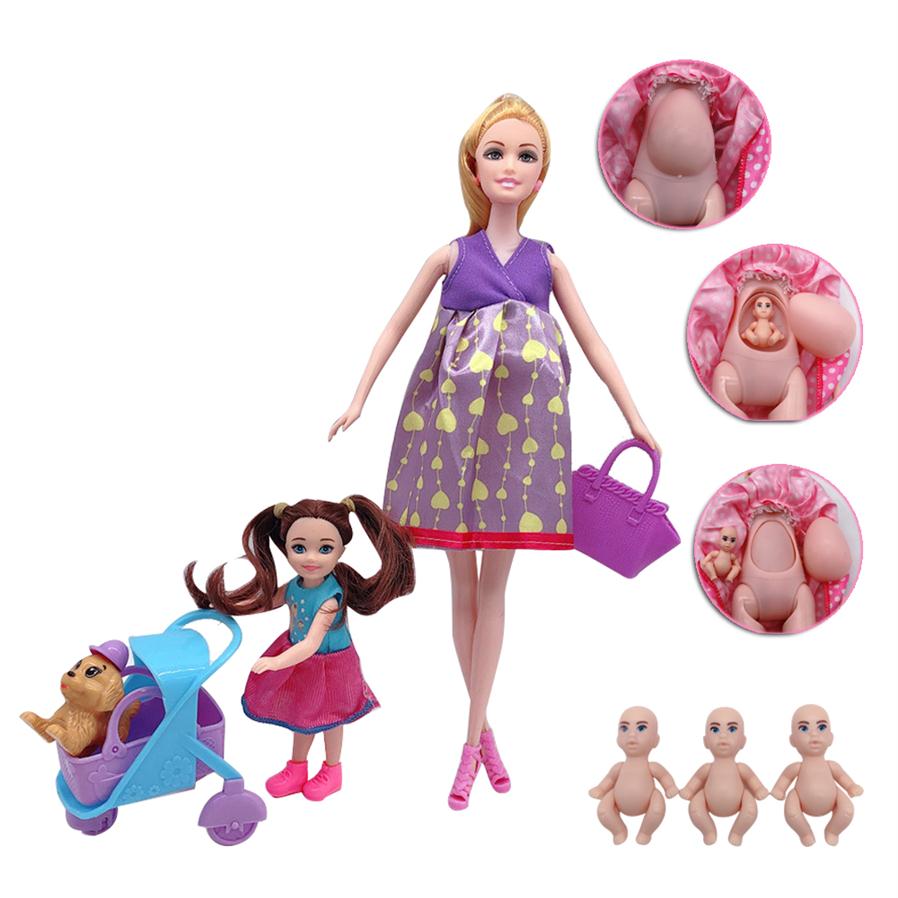

11 5 5 Fashion Pregnant Barbies Doll Mother and Child Combination Trolley Puppy Children Toy Accessories 4 Little Dolls206F
