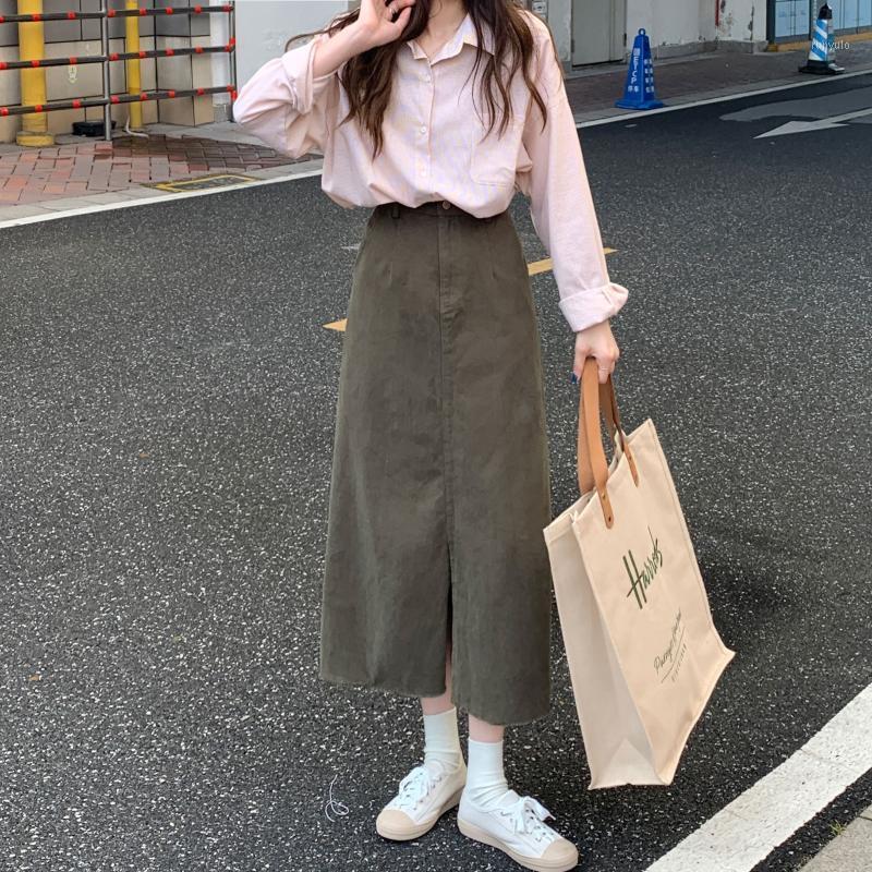 

Skirts 4colors SML Autumn Female 2022 Women High Waist Long Skirt Soild Color Split A Line Womens, Coffee