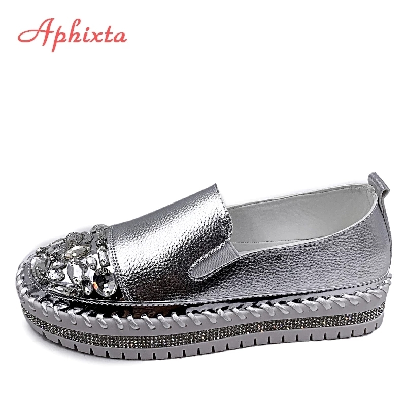 

Aphixta Crystals Round Toe Leather Flats Shoe Silver Bling Loafers Couple Platform Shoes Woman Flat With Students Size 43 220613, Khaki