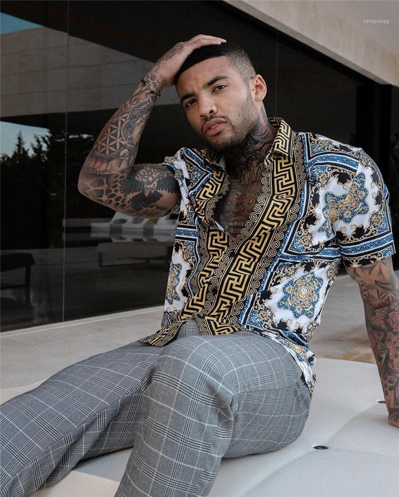 

Men' Casual Shirts Summer Shirt Slim Fit Short Sleeve Hawaii Male Single-Breasted Letter Printing Clothing, Blue