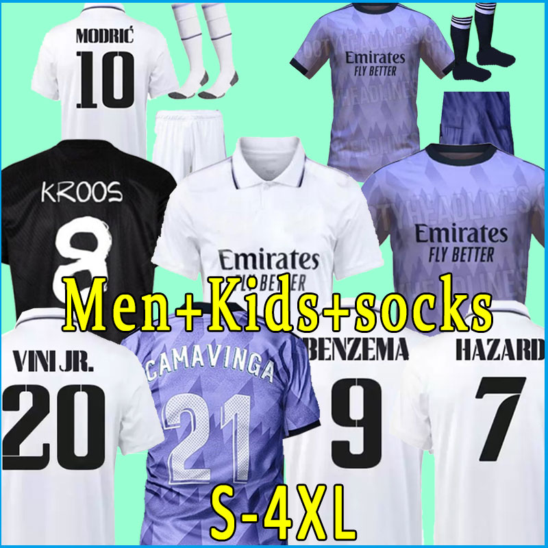 

2023 BENZEMA soccer jerseys 22 23 football shirt Real Madrids CAMAVINGA ALABA MODRIC VALVERDE men kids 2022 uniform VINI JR CASEMIRO player version full set socks, 22-23 home