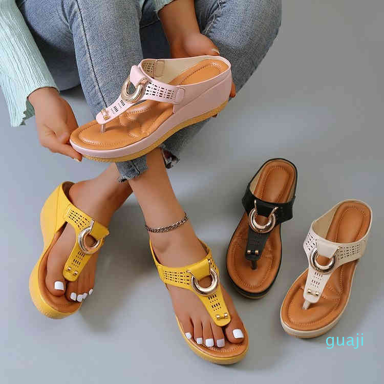 

Large beach slippers women's wedge heel thick soled Roman flip flops sandals, Black