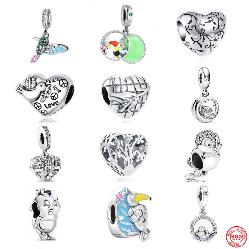

925 Sterling Silver Dangle Charm Love Heart Charms Little Bird Series Pendant Beads Bead Fit Pandora Charms Bracelet DIY Jewelry Accessories