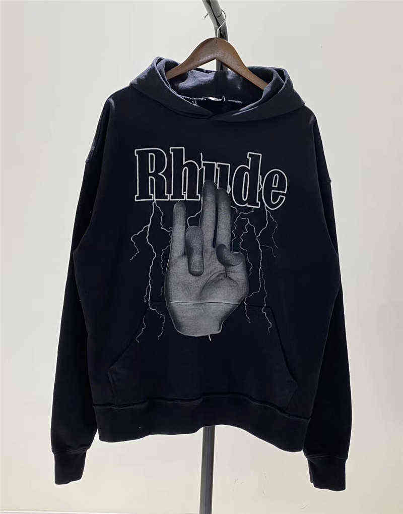 

2021fw Rhude Shocker Hoodie Men Women Quality Vintage Pullover Gesture Lightning Digital Print Sweatshirts Q0814