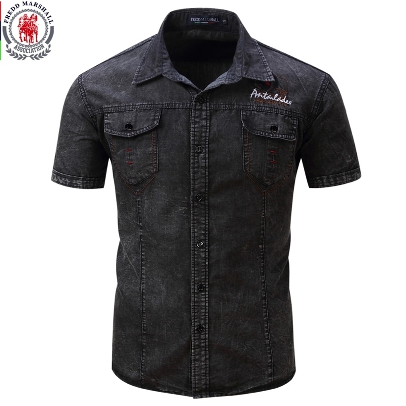 

FREDD MARSHALL Brand Shirt Men Short Sleeve Denim Mens Casual Dress Male Jean s High Quality Street wearing 220323, 093 black