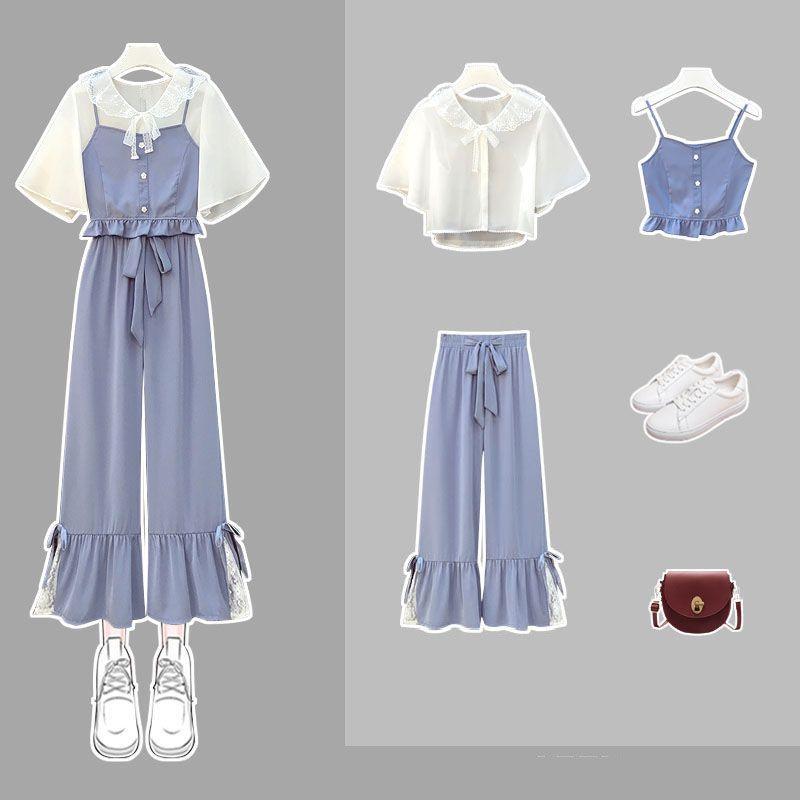 

Women's Two Piece Pants [Three-piece Suit] Fashion Suit Female Summer Loose Camisole + Chiffon Top High Waist Wide Leg Trend Elegant Sets, 3 pics suits