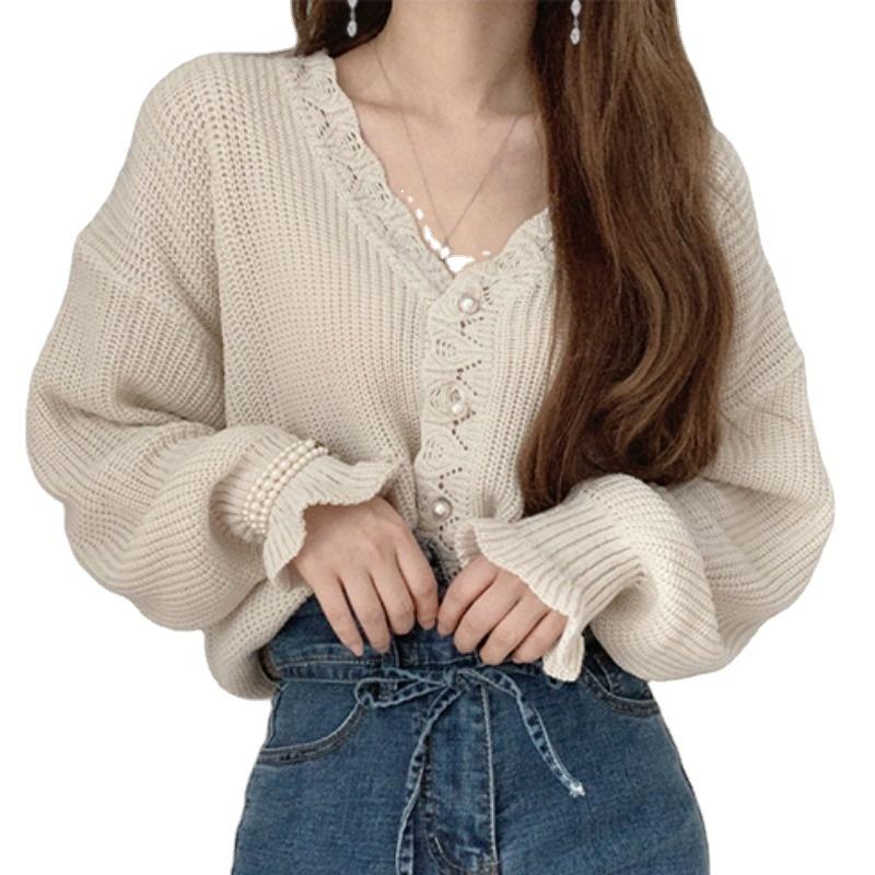 

Women's Knits & Tees Korean Autumn Winter Retro Hollow Pattern V-neck Pearl-breasted Loose Sweater Puff Sleeve Knitted Cardigan Women, White