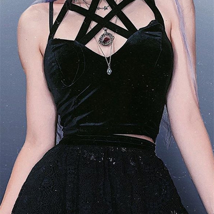 

InsGoth Goth Pentagram Black Camis Vintage Velvet Sexy Corset Tops Gothic Halter Backless Hollow Out Crop Tops Basic Streetwear 220407