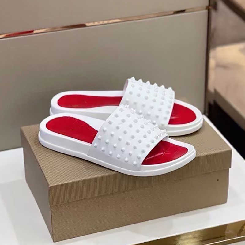 

2021 Designer Red Bottom sandal Mens Rivets slipper Rubber Summer Beach Casual Sexy Shoes Platform Spike Slide flip flops With Box 300, Color 1
