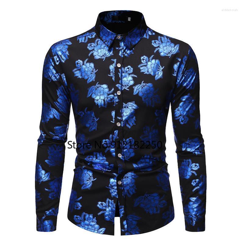 

Men's Dress Shirts Fashion Bronzing Nightclub Floral Shirt Men Camisa Masculina 2022 Brand Slim Long Sleeve Mens Business Casual ShirtMen's, White