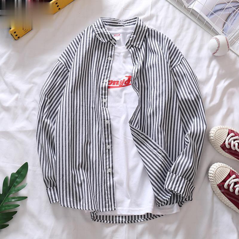 

Korean Style Shirts Casual Loose Long Sleeve Striped Summer Fashion Button Up Shirt Camisa Hombre Men's Clothing DB60SH, Red