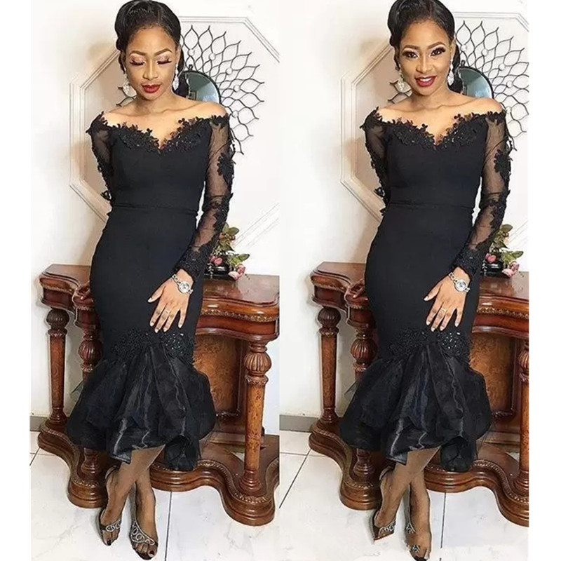

Charming African Mermaid Prom Dresses with Applique Long Sleeves Cocktail Party Gowns Tea Length Short Dress Evening, Dark navy