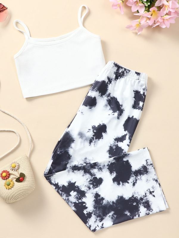 

Girls Ribbed Knit Cami Top & Tie Dye Pants SHE, Black and white