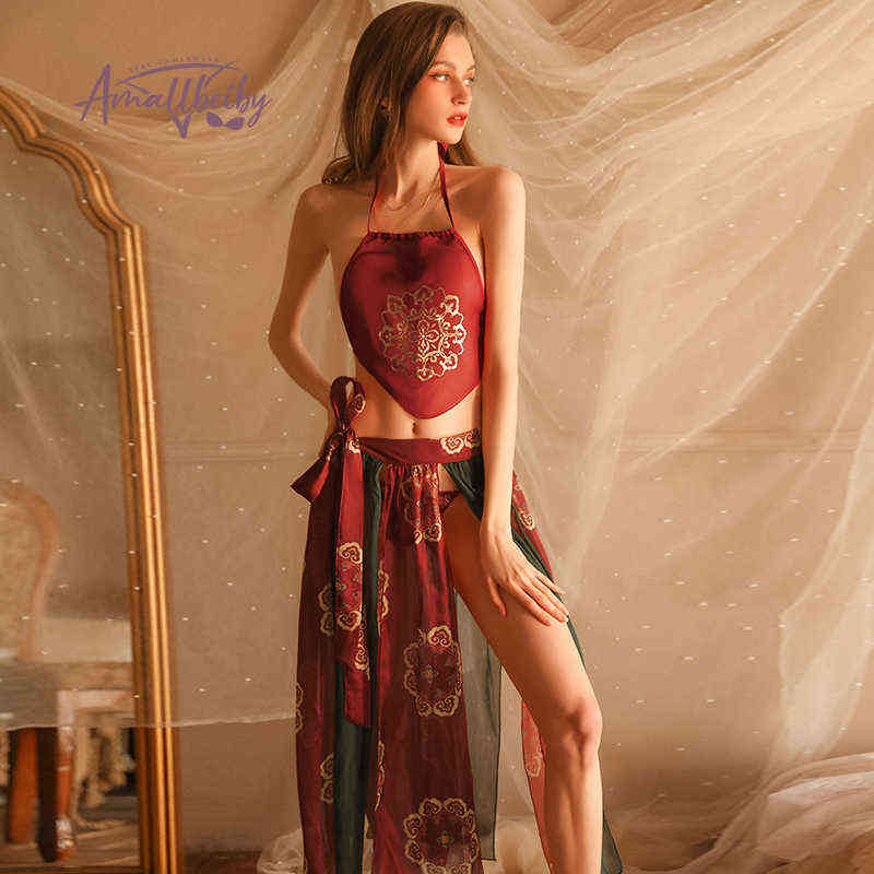 

Sexy Pyjamas Rotic Hanfu Lingerie Cosplay Costumes Bellyband Backless Temptation Slit Long Dress Retro Ancient Chinese Costume 220419, Multi-color