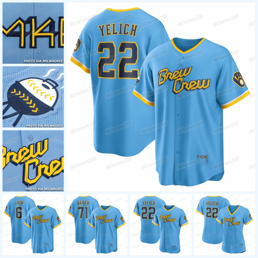 

22 Christian Yelich Milwaukee 2022 City Connect Jersey Brewers Tyrone Taylor Lorenzo Cain Josh Hader Brent Suter Willy Adames Kolten Wong Rowdy Tellez, Men